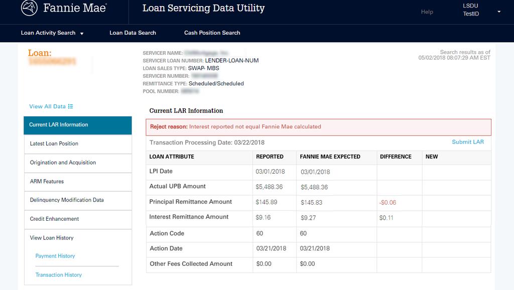 Loan Data Search 2. The Loan Data Details screen is displayed defaulted to the Current LAR Information section.