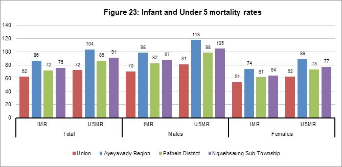 The Infant mortality in Pathein District is 72 deaths under age one per 1,000 live births while Under 5 mortality is 86 deaths under age 5 per 1,000 live births.