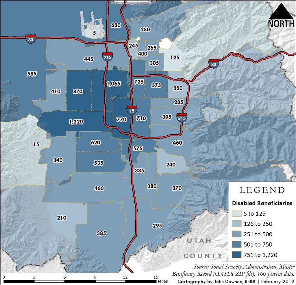 Figure 2 Beneficiaries of Social Security Disability by Zip Code in Salt Lake County, 2010 The number of disabled social security disability beneficiaries in Salt Lake County is shown in Figure 2 at