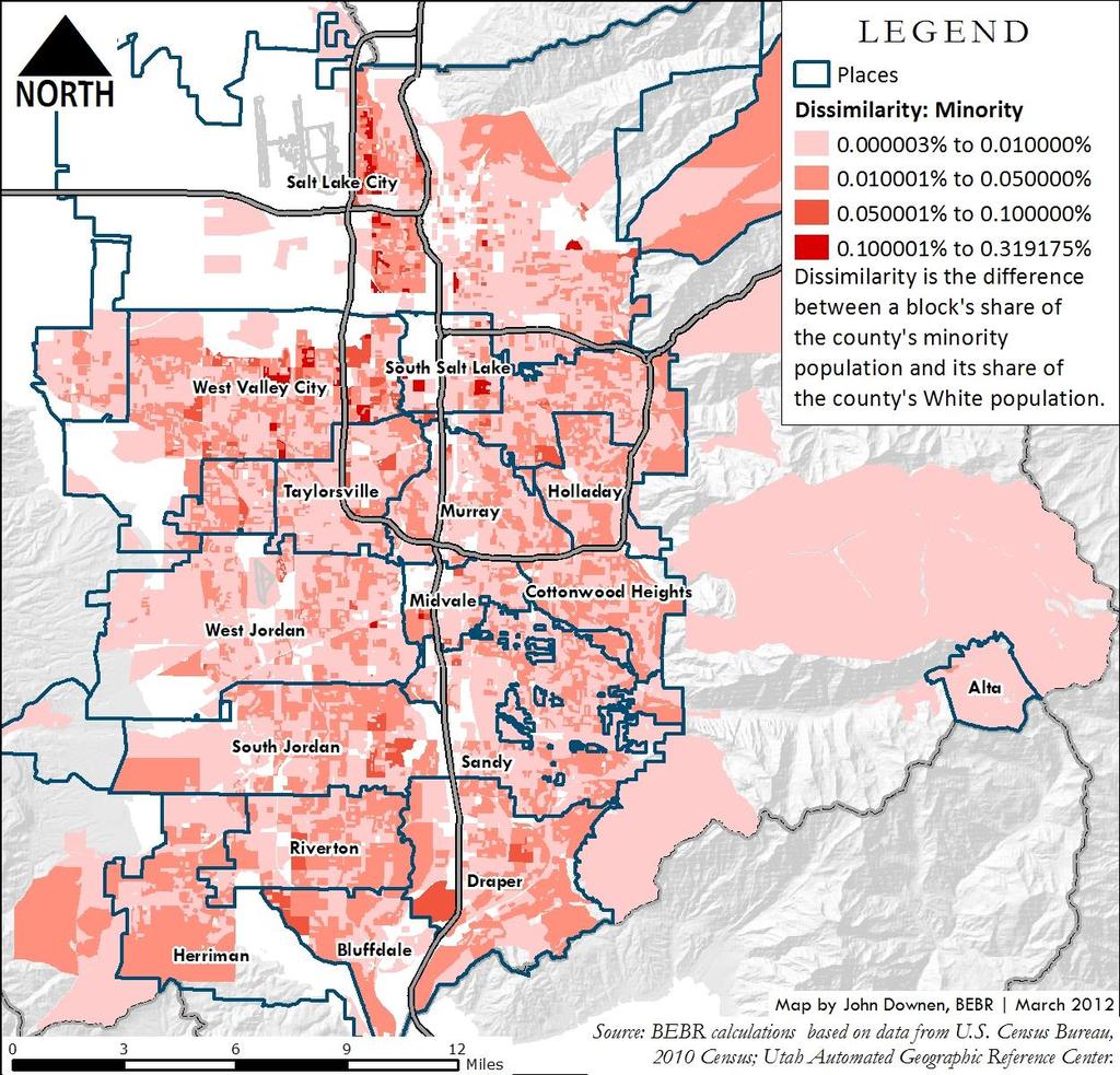 Figure 12 Dissimilarity Index for Minorities in Salt Lake County, 2010 Figure 12 shows the absolute difference between each census block s county share of the minority and non-hispanic white