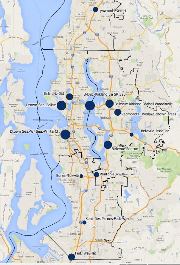 Priority of Specific Expansion Projects Routes connecting downtown Seattle to other parts of the city, or that connect Seattle to the East side, are given the highest priority. Area Mean Downtown Sea.