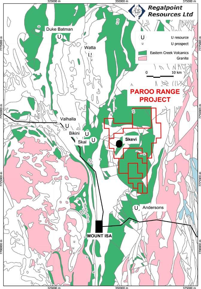 PAROO RANGE, QUEENSLAND (EPM16923, 16980, 25464, 25465, 25503; RGU 100%) URANIUM The Company s 100 %owned Paroo Range Project covers a total of ~363 km 2 of granted exploration licences in the