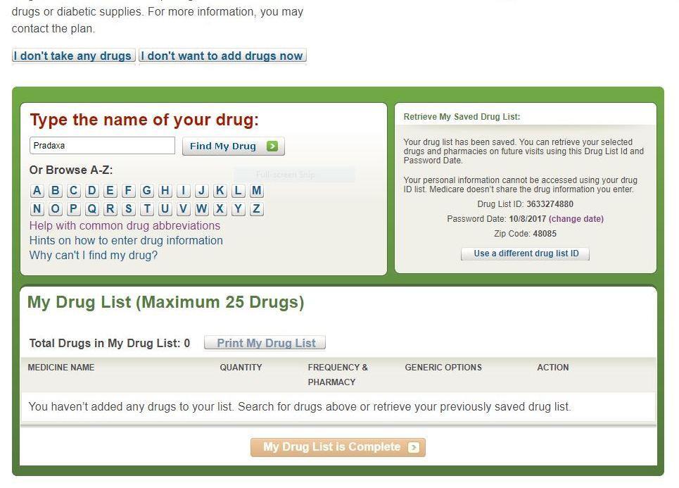 Under the heading Type the name of your drug:, enter the first drug on your list (My example is Pradaxa).