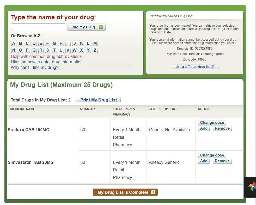 This example has the generic drug simvastatin, also added to the list. Important to Note that you now have a Drug List ID, make a note of the ID number and the Password date for future reference.
