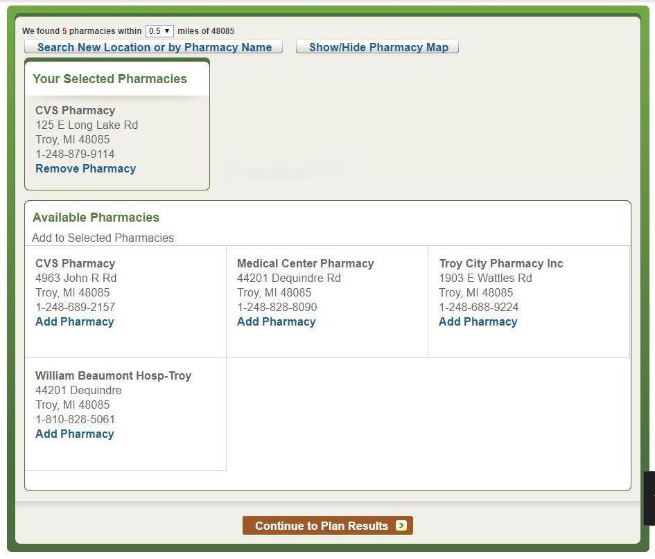 In this example, CVS has been chosen as chosen as the pharmacy. You can remove it and select another by clicking on Remove Pharmacy. You van select more than one.