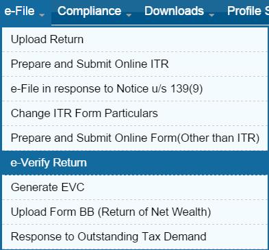 Select option for e-verification of ITR Menu