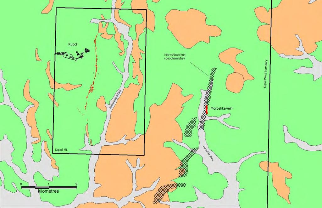 2012 EXPLORATION PROGRAM KUPOL-WEST MOROSHKA (7) Additional high-grade mineralization discovered at the Moroshka target located 5 km southeast of Kupol Kupol Moroshka trend (geochemistry) Presence of