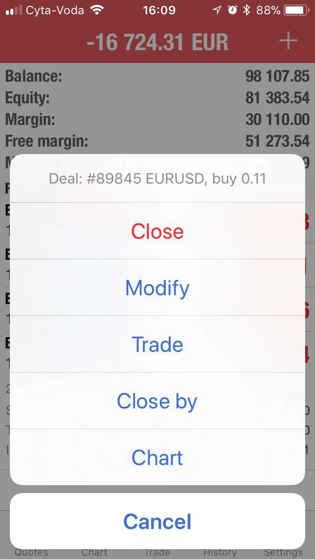 Closing or modifying position To close the position, you have to tap Close position in its context menu on the Trade