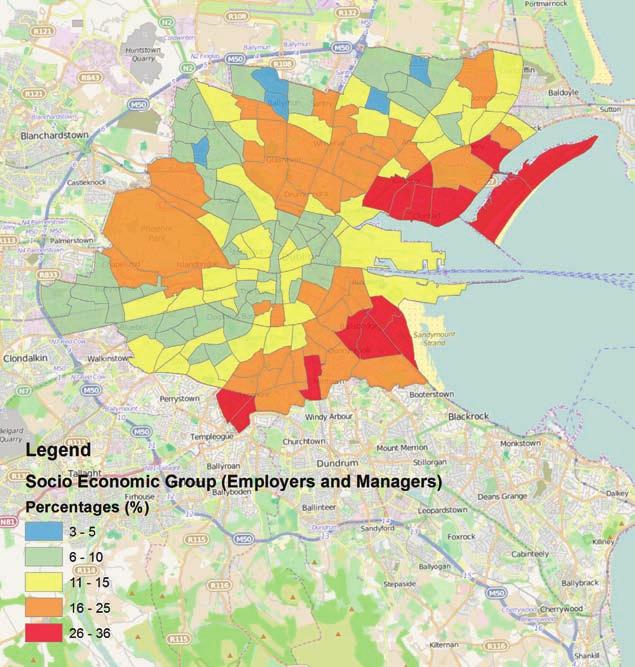Social Class Profile The highest concentration of employers and managers can be found in outer areas of Dublin City administrative area (Sandymount, Ballsbridge, Terenure, Clontarf etc.).
