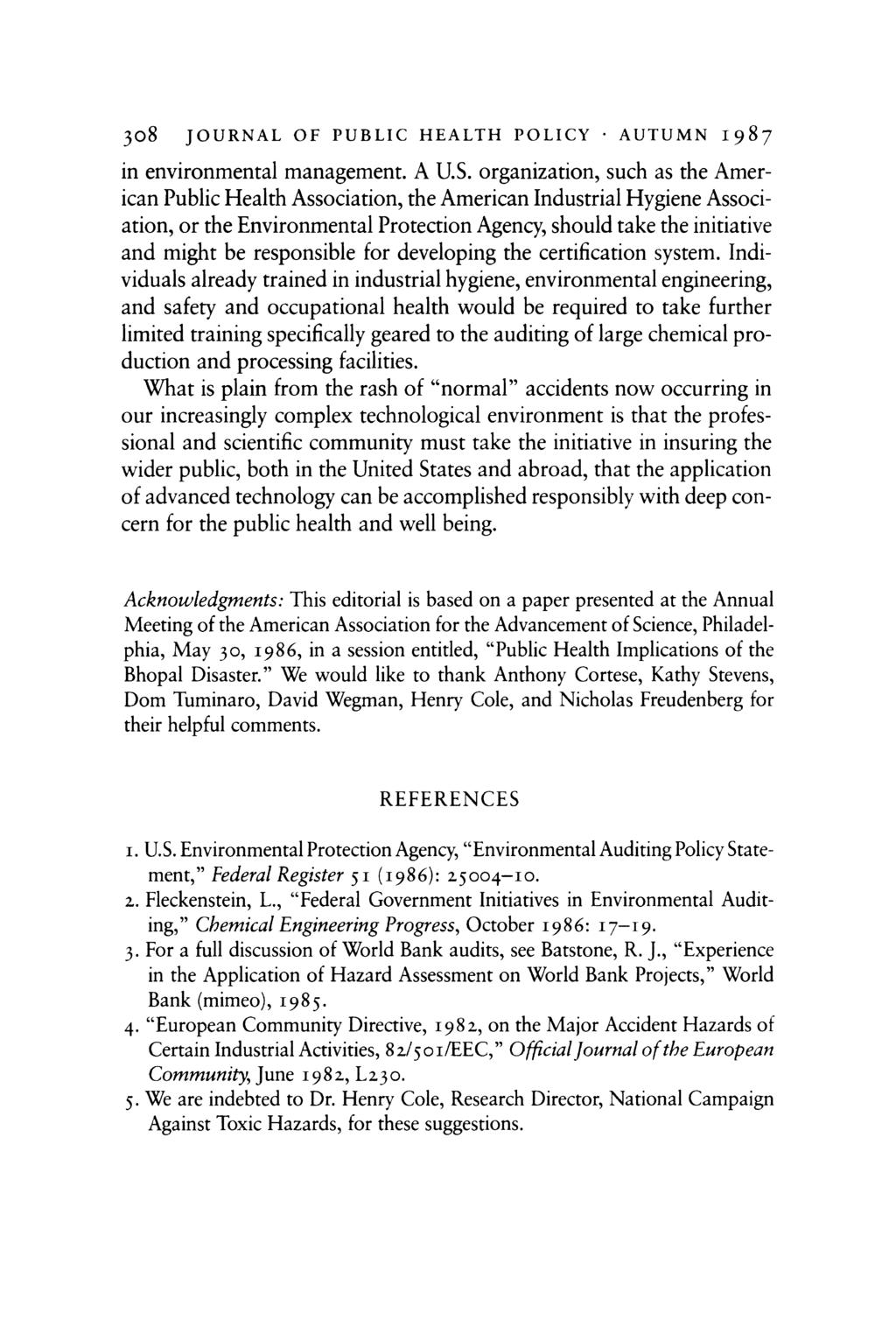 308 JOURNAL OF PUBLIC HEALTH POLICY * AUTUMN I987 in environmental management. A U.S.