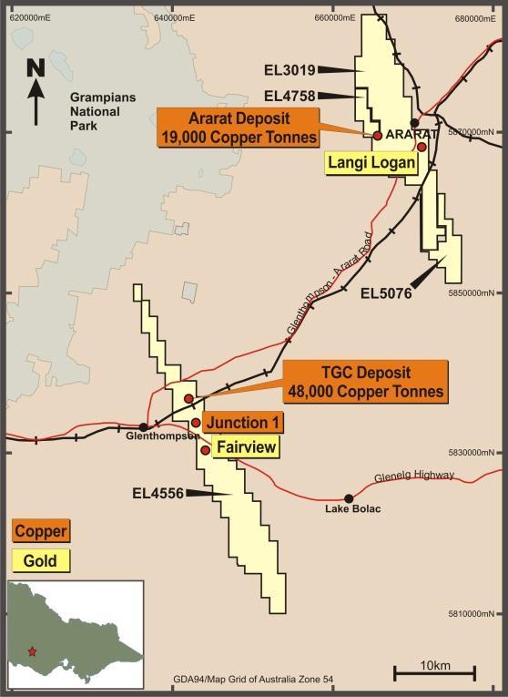 VICTORIAN COPPER PROJECT Significant copper mineralisation has previously been delineated by BCD and earlier explorers at the Stavely (0% owned) and Ararat (51% owned) Projects in Western Victoria.