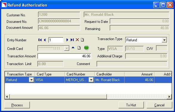 The Refund Authorization window will pop up. The Transaction Type is set to Refund automatically. The transaction amount is the exact amount of the Credit Note.