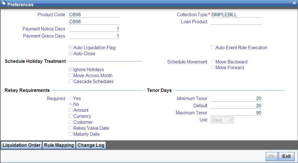 To define preferences for a CB product, click Preferences button on the Collection Bills - Product Definition screen.