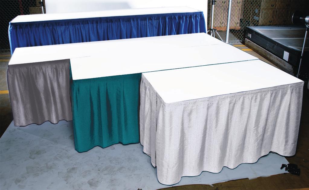 Display Tables, Carpet & Drapery Draped Display Tables Draped tables include white vinyl top and pleated skirt on three sides. Fourth side draping can be added. See order form for details.