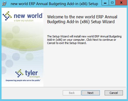 Install The new world ERP Annual Budgeting Add-In must be installed on each machine where a user wants to use Excel to retrieve and