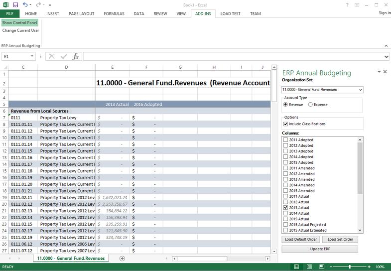 4 In the Columns list, select the check box next to the columns you want to appear on the Annual Budgeting Report. Click Load Default Order to display the columns in the worksheet.
