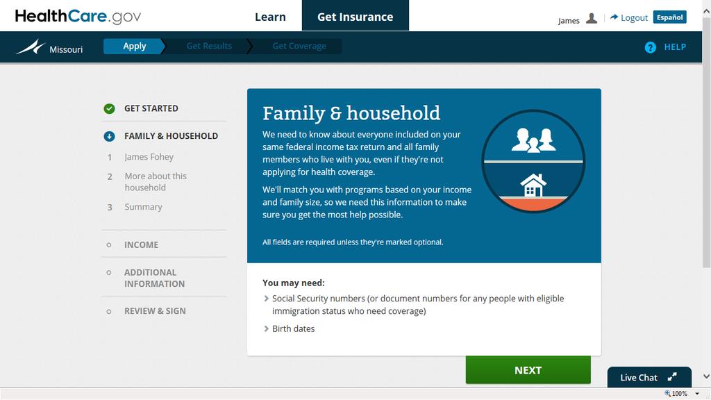 Next step in the application: complete family and household information.