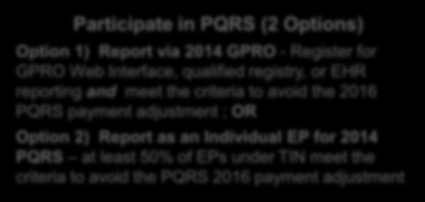 Participate in PQRS (2 Options) Option 1) Report via 2014