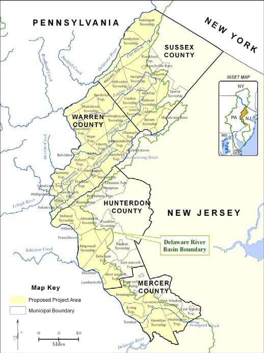 Proposed Study Area: Municipalities located in the non-tidal, NJ section of the Delaware River Basin.