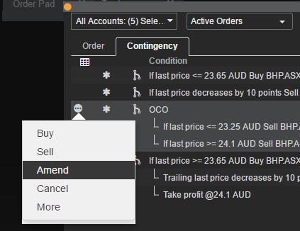 The Contingency tab provide details on the contingent strategy for each contingent order Use the filters in the toolbar to set the contingent orders