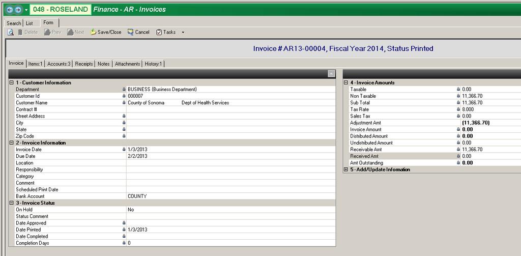 f. Return to the Invoice tab and enter an Adjustment Amount to clear the Undistributed Amount and Amount Outstanding.
