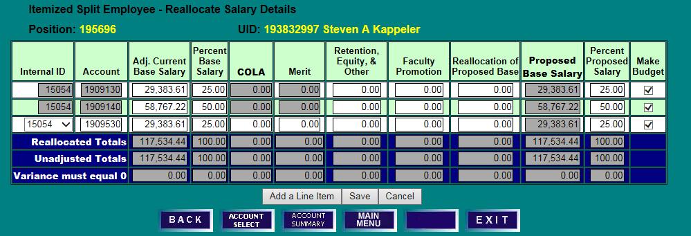 SET SALARY & POSITION BUDGET SET SALARY BY EMPLOYEE MULTIPLE FUNDING SOURCES REALLOCATE AND SET WITH BUDGETABLE ACCOUNTS REALLOCATE SALARY DETAILS SCREEN 1) Click Add a Line Item if a new KFS Account