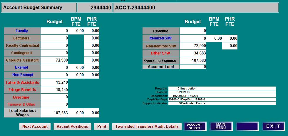 SETTING BUDGETS EDUCATIONAL AND GENERAL (E&G) - DESIGNATED ACCOUNTS (BEGIN WITH 294 OR 295) ACCOUNT BUDGET SUMMARY SCREEN 1) E&G-Designated accounts are budgeted using the same BPM WB functionality