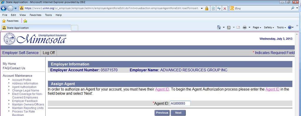 8 4. On the Assign Agent page, enter the Agent ID (CBIZ Payroll s