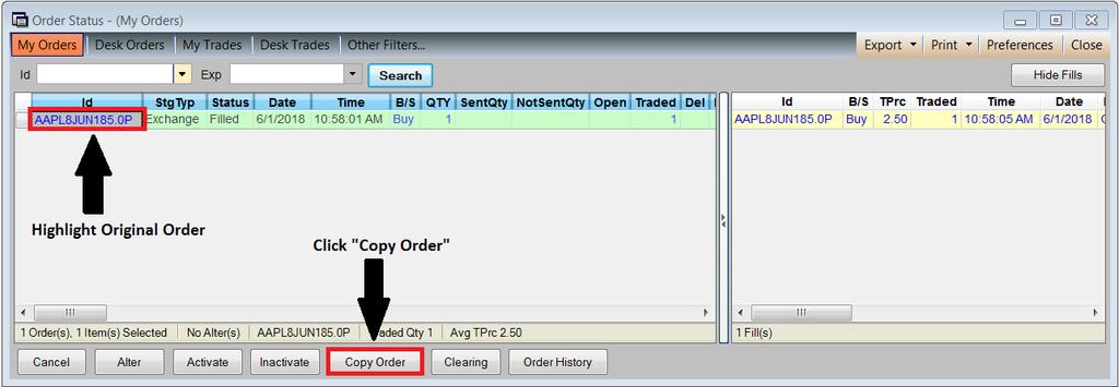 5.24. Copy Order The Copy Order feature allows the trader to recreate an existing order, regardless of order complexity, at the click of a button, resulting in an order ticket with the terms and