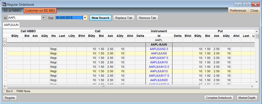5.26. Regular Orderbook Window The Regular Orderbook window displays information about both the ISE and the National Best Bid Offer (NBBO).