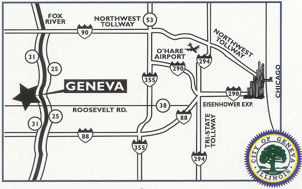 About the City of Geneva Founded in 1835 and selected as the Kane County seat, Geneva is located in the Fox River Valley 40 miles west of Chicago.