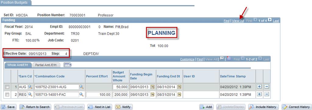 When you have selected a position or employee to update, you will see the page used for employee budget changes.