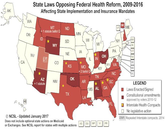What s Next? State Opt-outs, Challenges & Court Cases 22 states have statutes (2011-2015) to block some state involvement No individual/employer mandate, essential benefits, marketplaces.