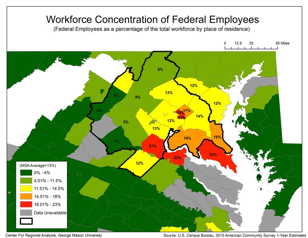 Federal workers represent a larger share of total