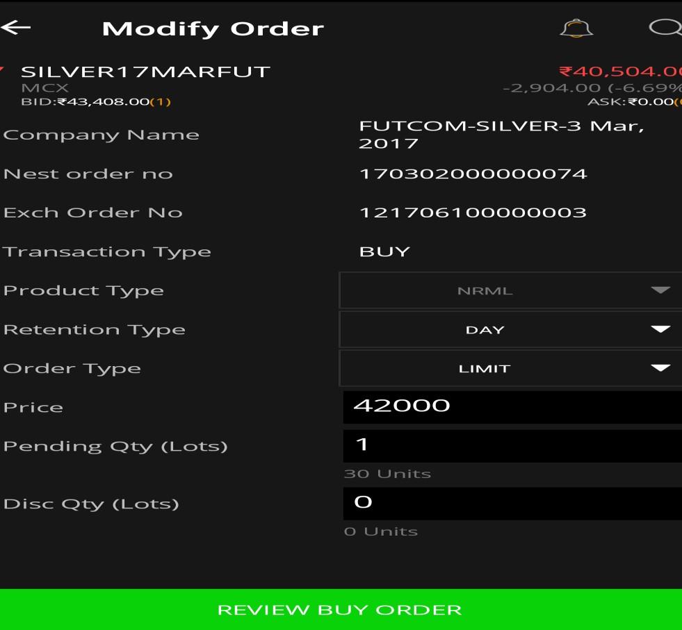 The quantity and/ or price of the order can be modified by the user by entering the new details.