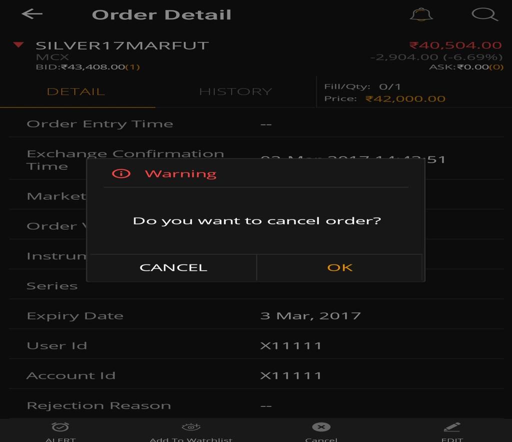 To cancel an order, the user must select the required open order that needs to be cancelled, from the order book and select cancel order.