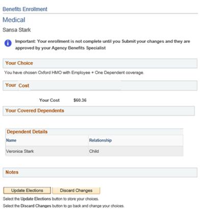 The Benefits Enrollment - Medical page displays your choice, cost and covered dependents. When you are done reviewing the information, click on Update Elections at the bottom of the page.