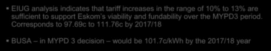 What BUSA and EIUG saw as a balanced price for 2017/18 year EIUG analysis indicates that tariff increases in the range of 10% to 13% are sufficient to support Eskom s viability and fundability over
