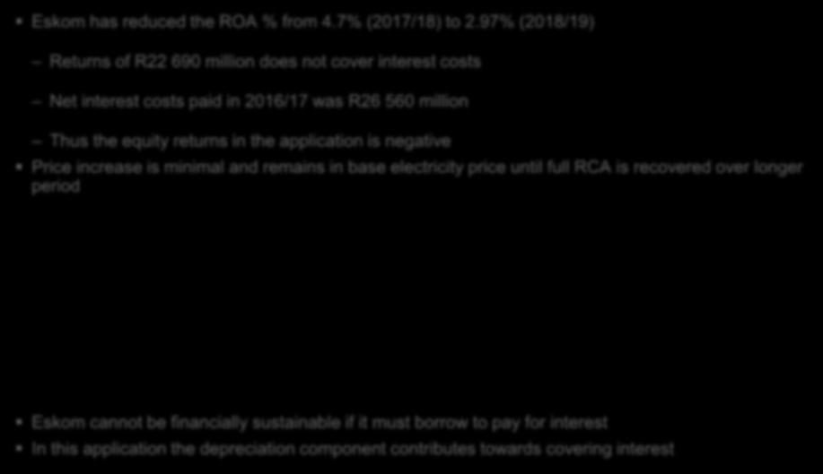 is negative Price increase is minimal and remains in base electricity price until full RCA is recovered over longer period Item 2018/19 Returns on Asset Net Interest