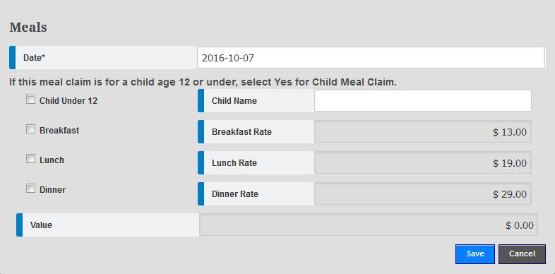 MEAL EXPENSE To submit a Meal expense, click [Add New] under the meals section and the pop-up below will appear.