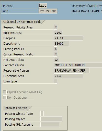 FM5S Tab: Additional UK Fund Fields Business area, department, contact person, responsible person, and functional area are located on this tab.