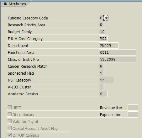 The Additional UK Funds Center Attributes tab shows functional area, department number and CIP information.