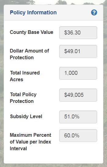 Intended Use: haying or grazing Coverage Level: 70% to 90% Productivity Factor: 60% to 150% Insurable interest: 100% = full ownership County Base Value = base $ value of production per