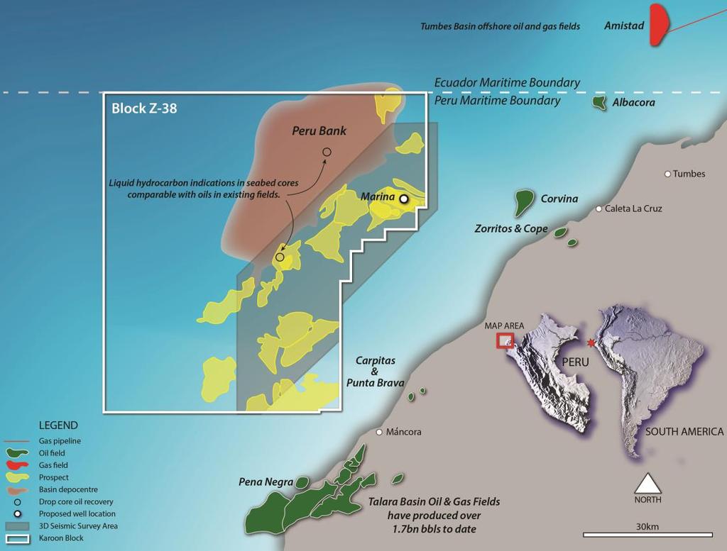 Peru: Tumbes Basin, Z-38 Farmout success with offshore Peru heating up as a new industry focus. Force majeure lifted from Block Z-38. Karoon 40%* (Operator), Tullow 35%*, Pitkin 25%*.