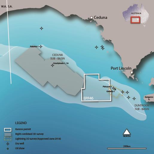 Australia: Ceduna Sub Basin, EPP46 Industry awaits NOPSEMA approval of drilling Environment Plan Karoon 100% (Operator), awarded October 2016. Large, 17,649 sq.