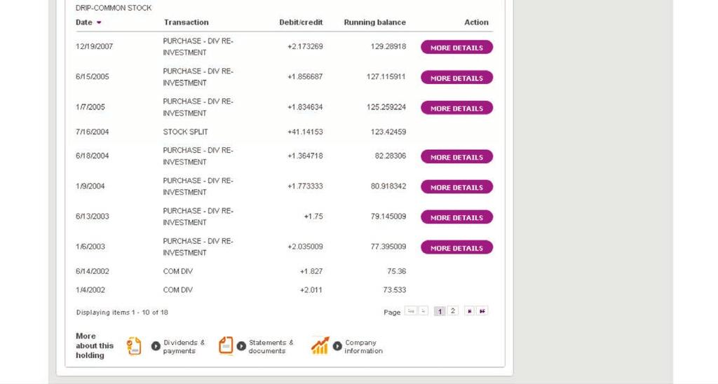 To see more about transactions from a particular holding, click on the purple arrow icon