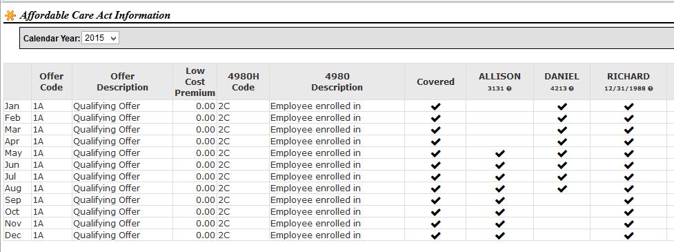 To make changes to any of the records, select * and the Maintain ACA Information option. Select the year to maintain, and the dependents maintenance screen is presented.