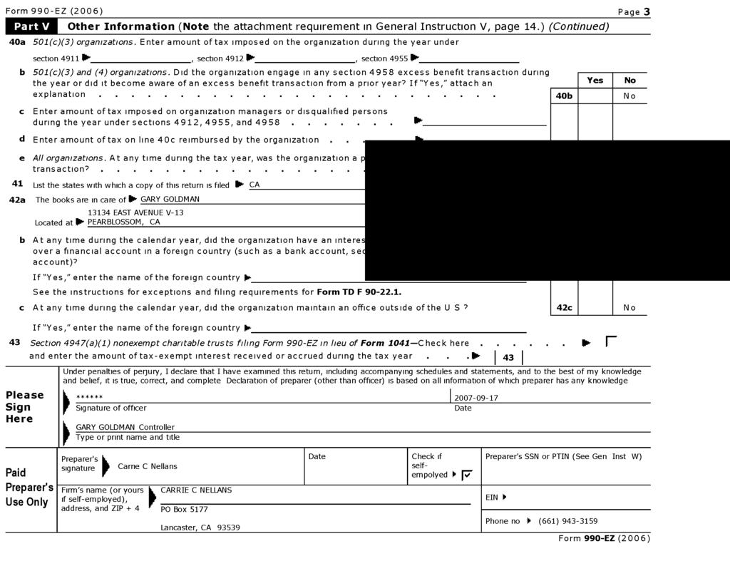 Form 990-EZ (2006) Page 3 Other Information ( Note the attachment requirement in General Instruction V, page 14.) (Continued) 40a 501(c)(3) organizations.