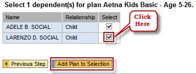 If removing one dependent from the Kids Plan-2 Children, you would need to click in the box in front of Kids Plan-1 Child since you