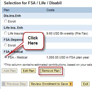 To enroll in a Flexible Spending Account (FSA) for either Dependent Care or Medical, click on the radio button in front of Enroll for the FSA Plan you want. Then click the Add Plan button.